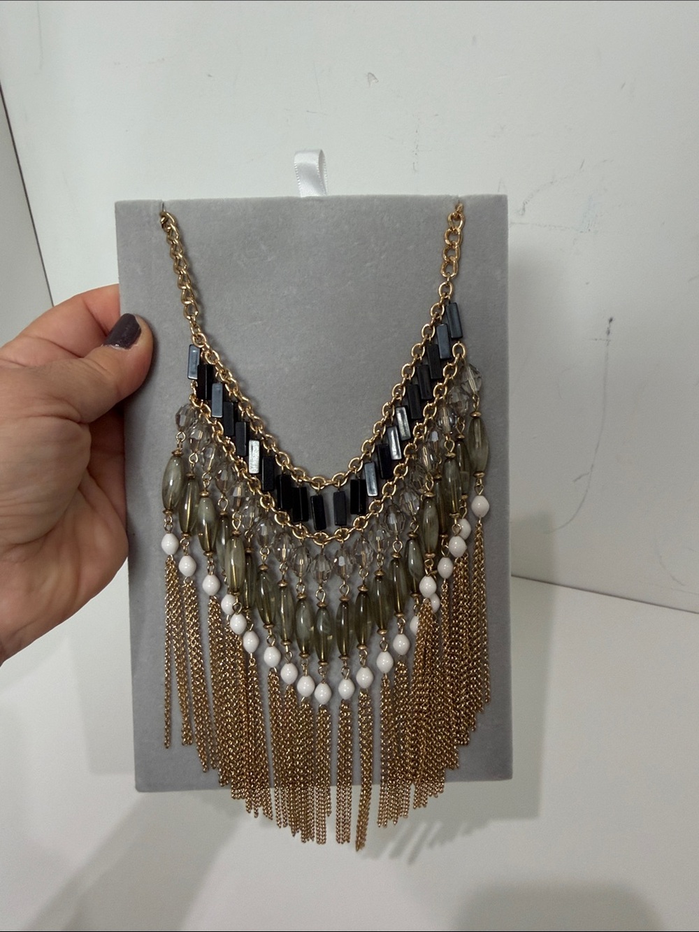 Layered Fringe Statement Necklace - Gold with Black, Olive & White Beads